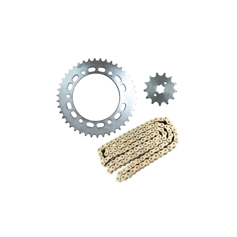 KIT SPROCKET 42T/13T/520H-102L MODELO DM-150 ROJA , CADENA DORADA